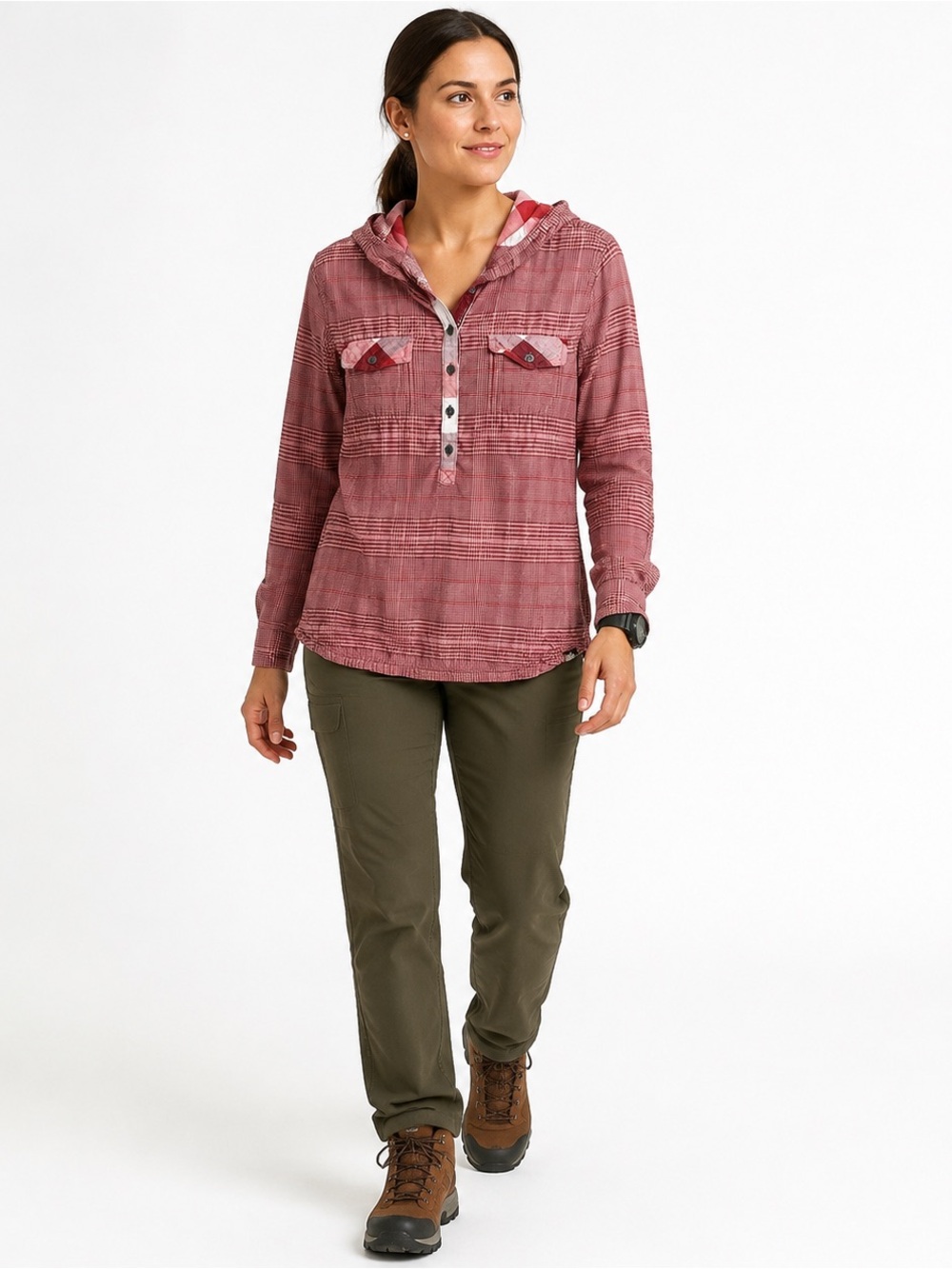 prAna Anja Hooded Plaid Top Medium Pink Red Roll Tab Organic Cotton Outdoor